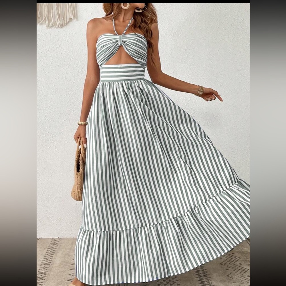 NWT SHEIN Striped Gray halter  Maxi Dress small